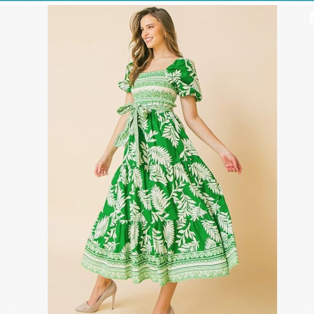 Flying Tomato Women's Tropical Print Off The Shoulder Smocked Midi Dress Sm NEW